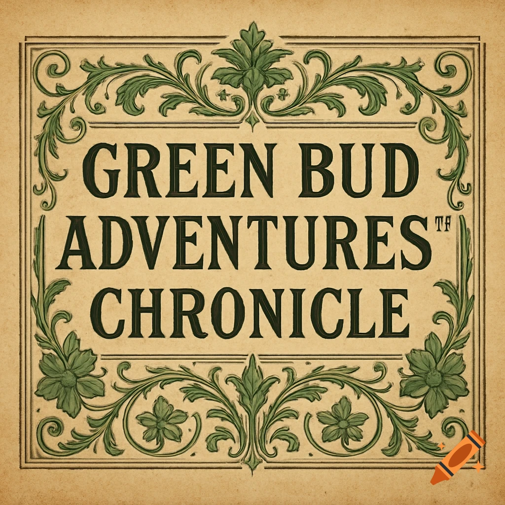 A vintage newspaper masthead design featuring green ornamental borders on a parchment-like background, with the text 'GREEN BUD ADVENTURES CHRONICLE'.