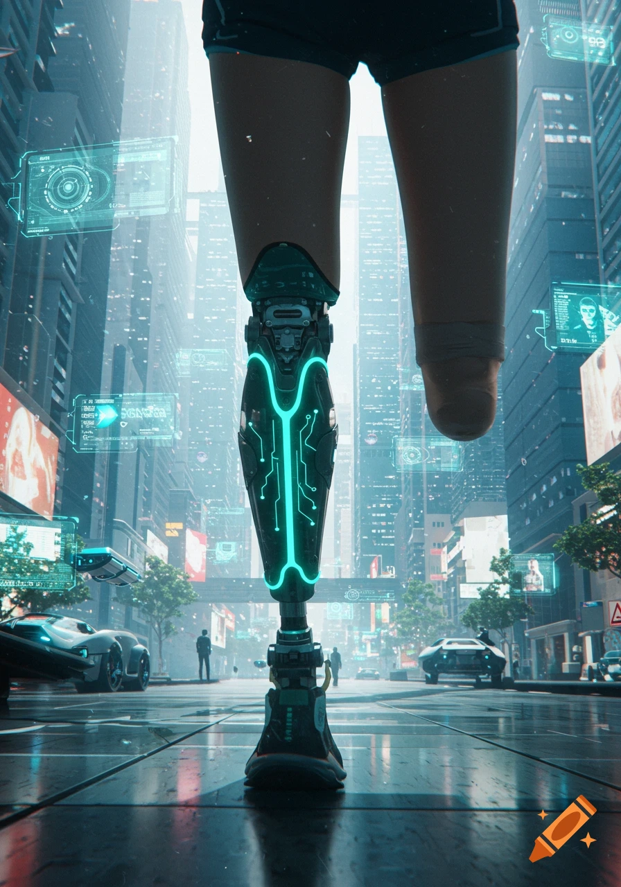 Close-up of a person with a glowing, high-tech prosthetic leg walking in a futuristic cyberpunk city with holographic displays.