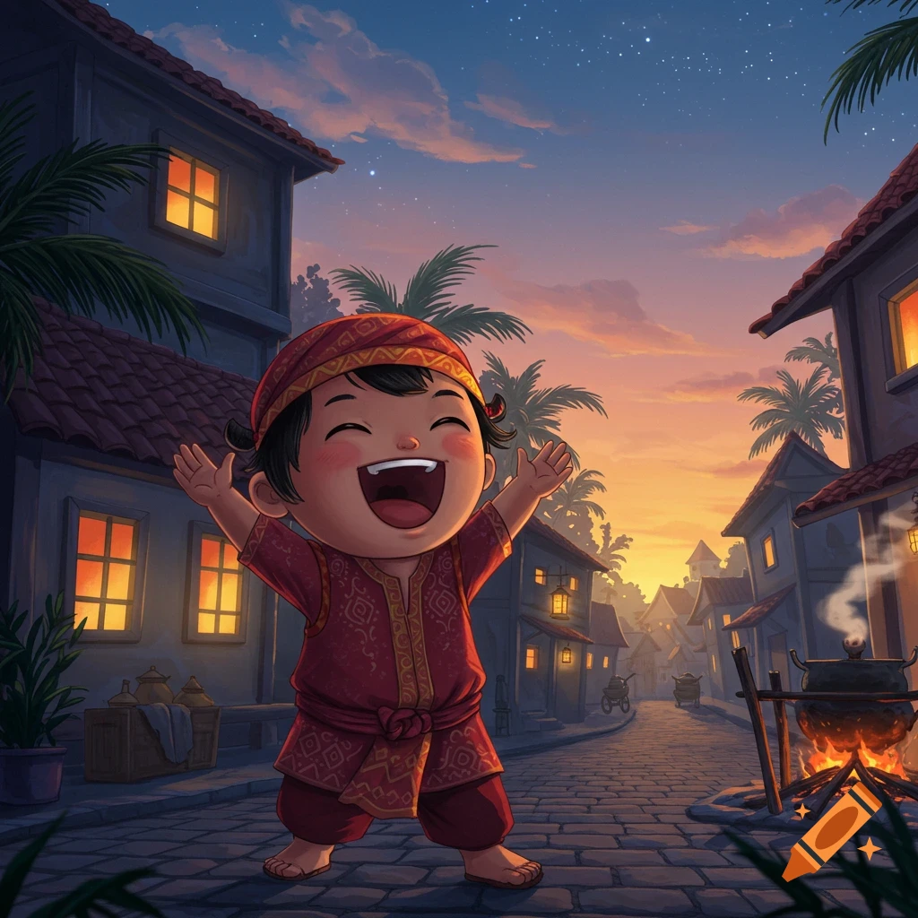 A happy cartoon child in traditional red clothing with arms outstretched and laughing on a cobblestone village street at sunset.