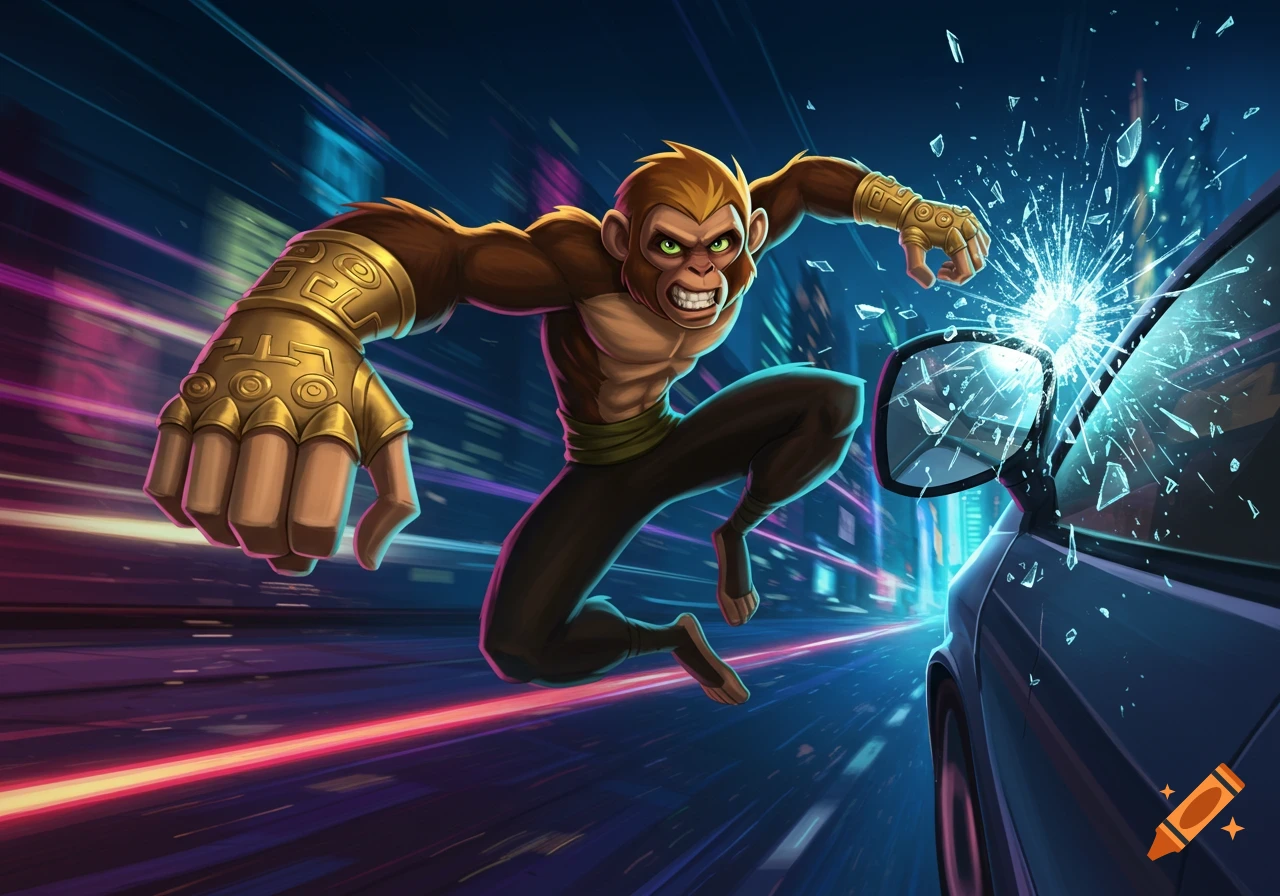 A cartoon monkey superhero with golden gauntlets smashes the side mirror of a car, with glass shattering in a dynamic night city scene.