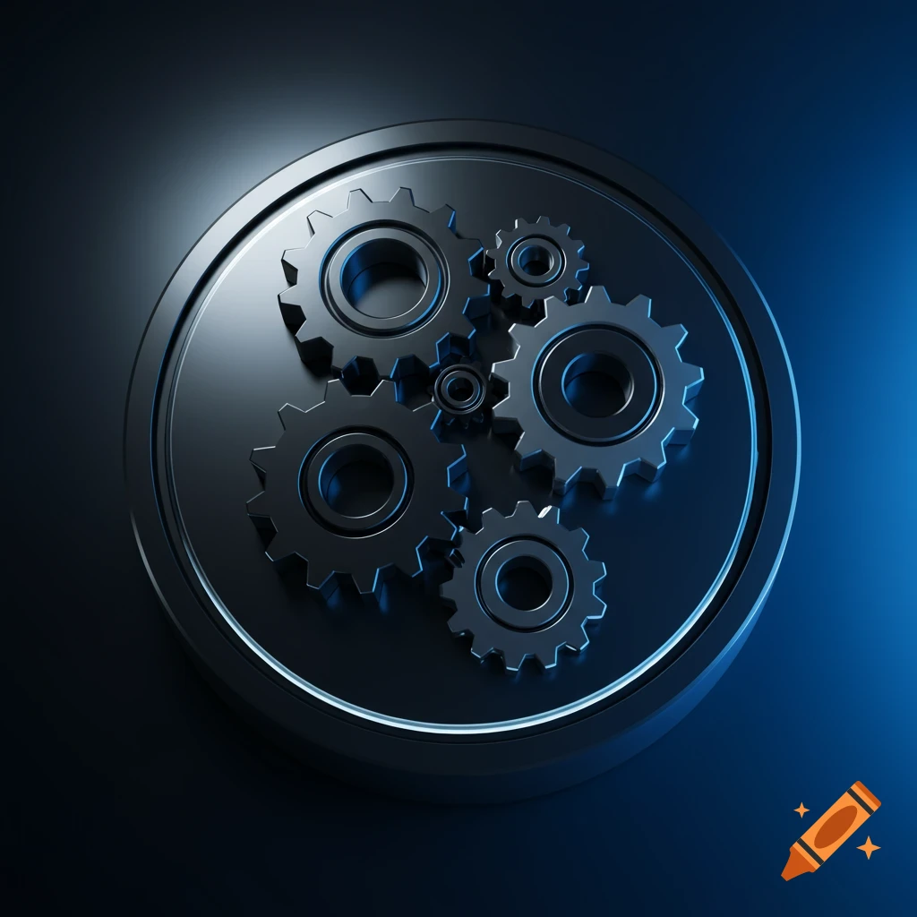 Close-up of several metallic gears on a circular, dark metallic plate, illuminated by a blue glow, on a dark background.