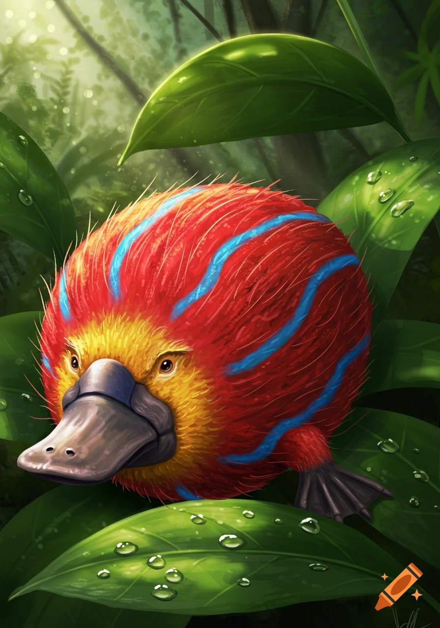 A whimsical red and yellow platypus-like creature with blue stripes peers from behind large green leaves with water droplets in a lush jungle, illustration style.
