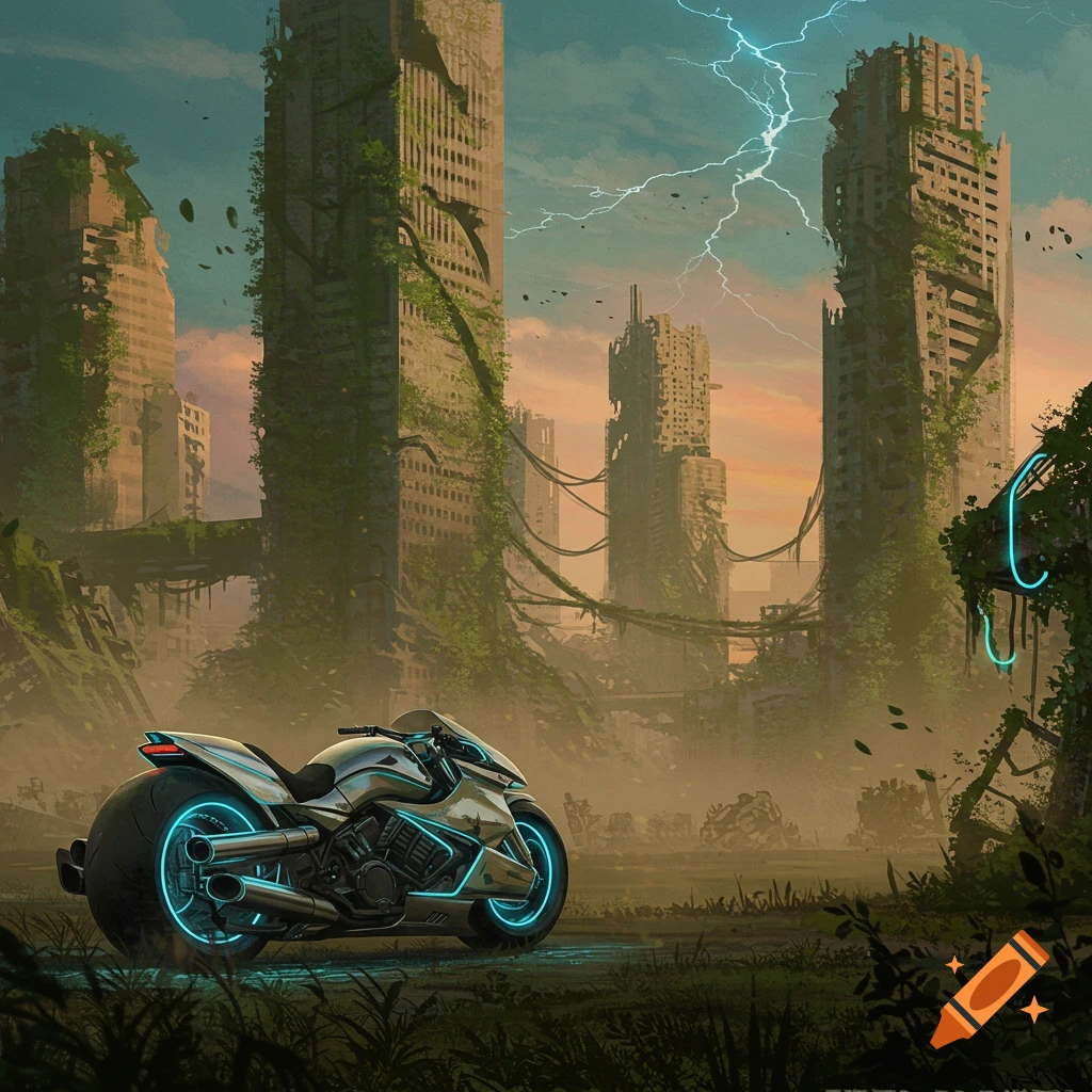 A futuristic silver motorcycle with neon blue lights stands in an overgrown, post-apocalyptic city with crumbling buildings and a lightning storm.