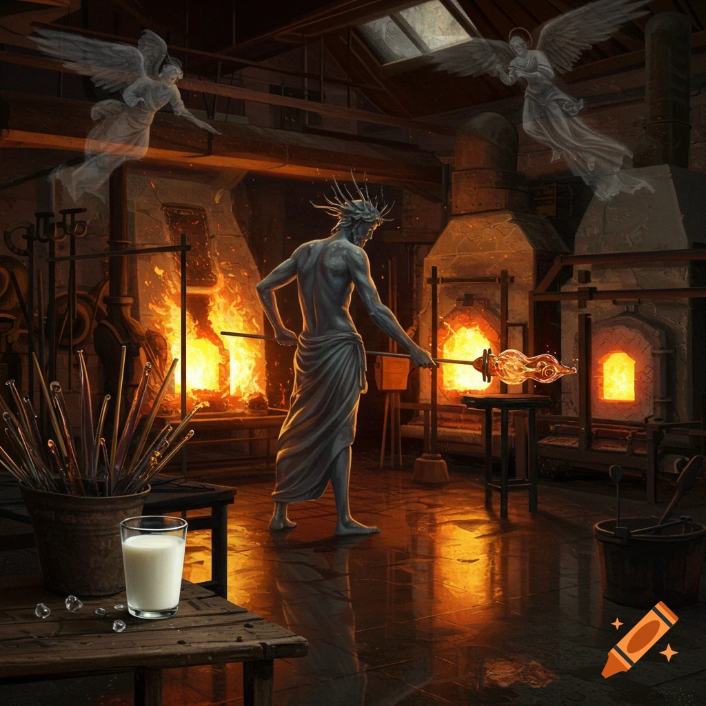 A stylized painting of Hephaestus glassblowing in a fiery furnace, with ethereal angels observing, and a glass of milk on a wooden table.