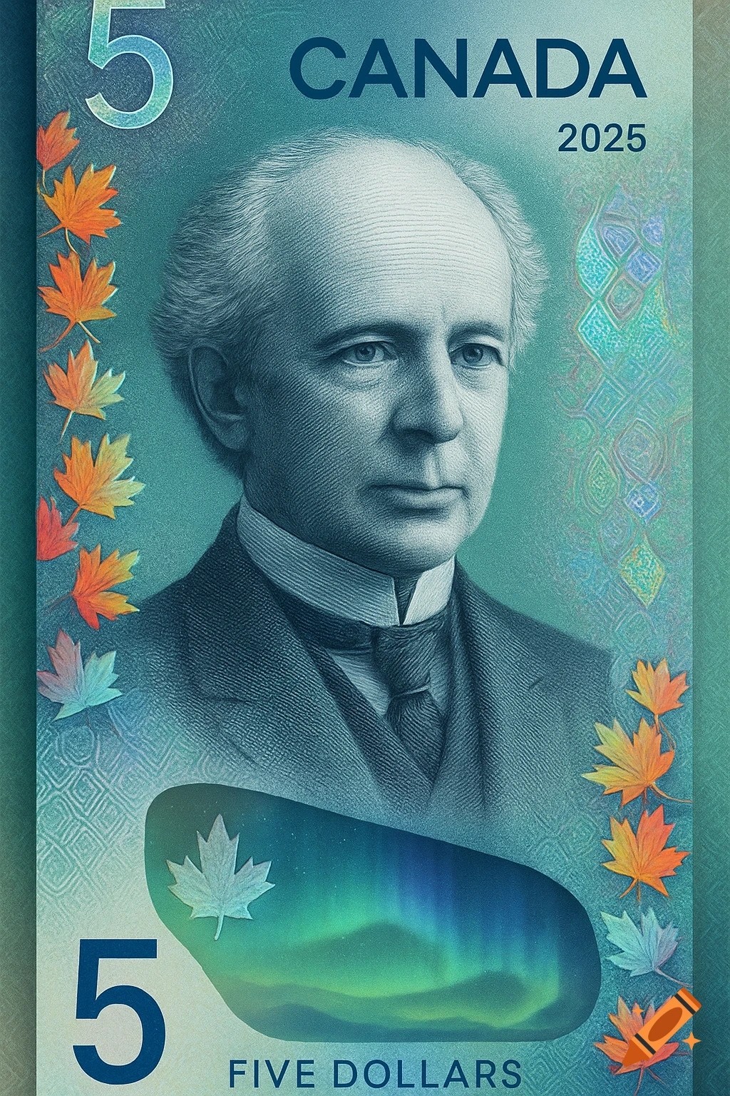 Modern vertical 5 Canadian dollar bill with a man's portrait, maple leaves, aurora, and text 'CANADA 2025 FIVE DOLLARS'.