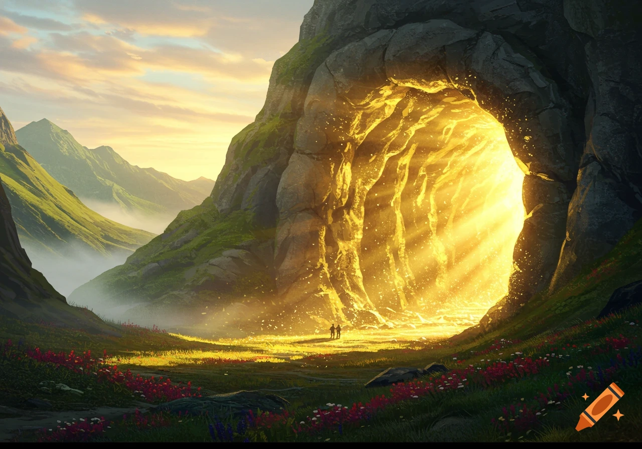 A dramatic fantasy landscape of a cave opening radiating golden light into a field of flowers, flanked by green mountains.
