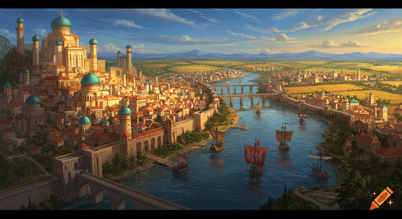 A sprawling high fantasy city with Moorish and medieval architecture, a river with merchant ships, and golden fields under a blue sky.