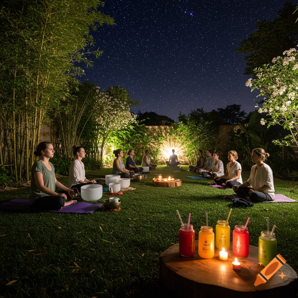 People meditate in a serene garden at night under a starry sky, surrounded by candles, singing bowls, and detox juices.