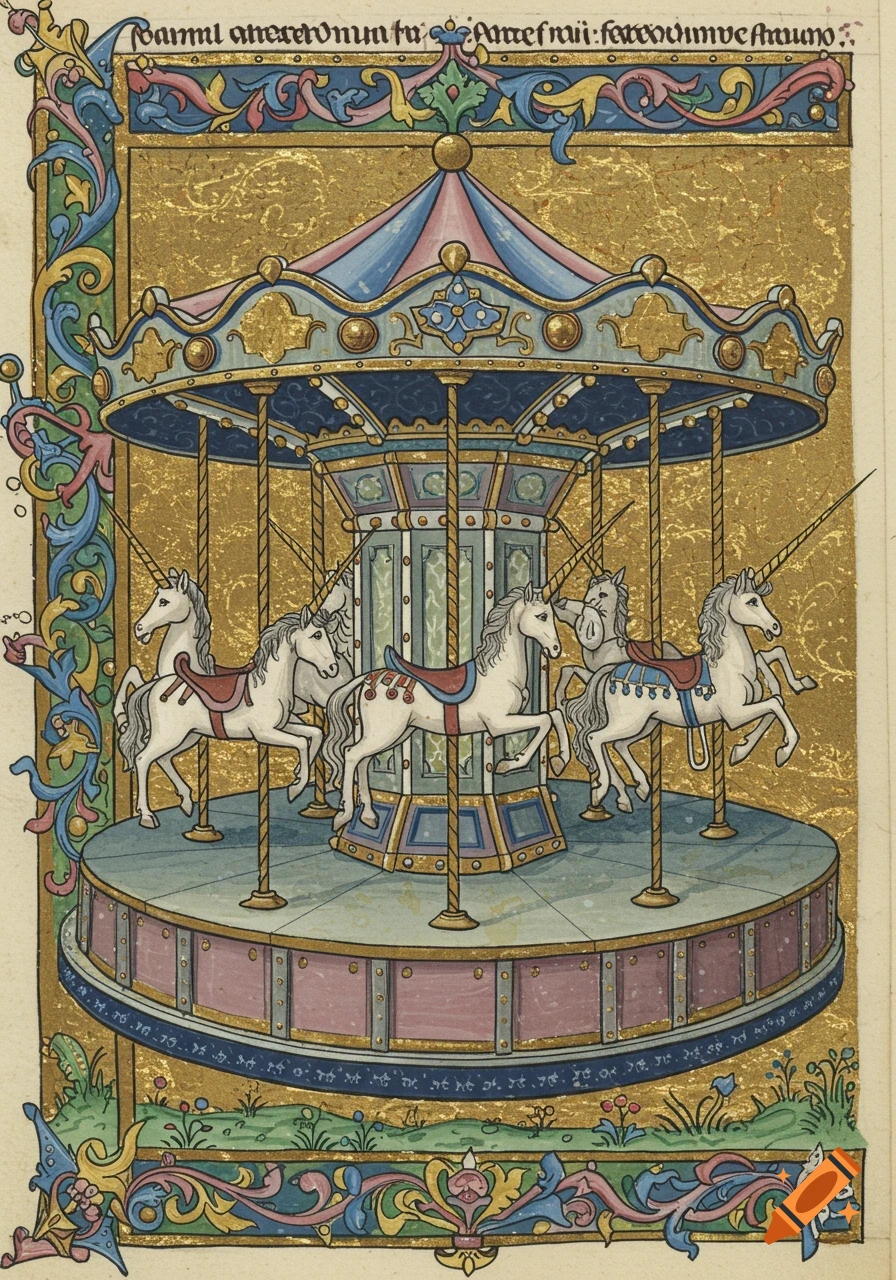 A unicorn carousel in a medieval illuminated manuscript style, with ornate gold, blue, and pink details and a decorative text border.