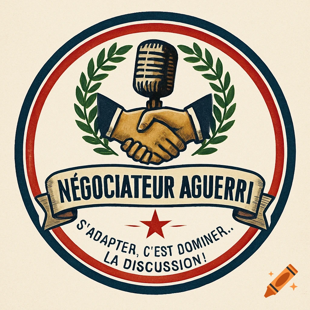 A circular vintage-style emblem with a red, white, and blue border. It features a handshake with a microphone above, surrounded by green laurel branches. A ribbon reads "NÉGOCIATEUR AGUERRI", and below it, a red star with the text "S'ADAPTER, C'EST DOMINER.. LA DISCUSSION!"