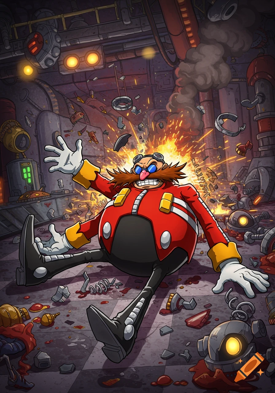 Dr. Eggman sprawls on a factory floor amidst debris and sparks from an explosion in a cartoon style.