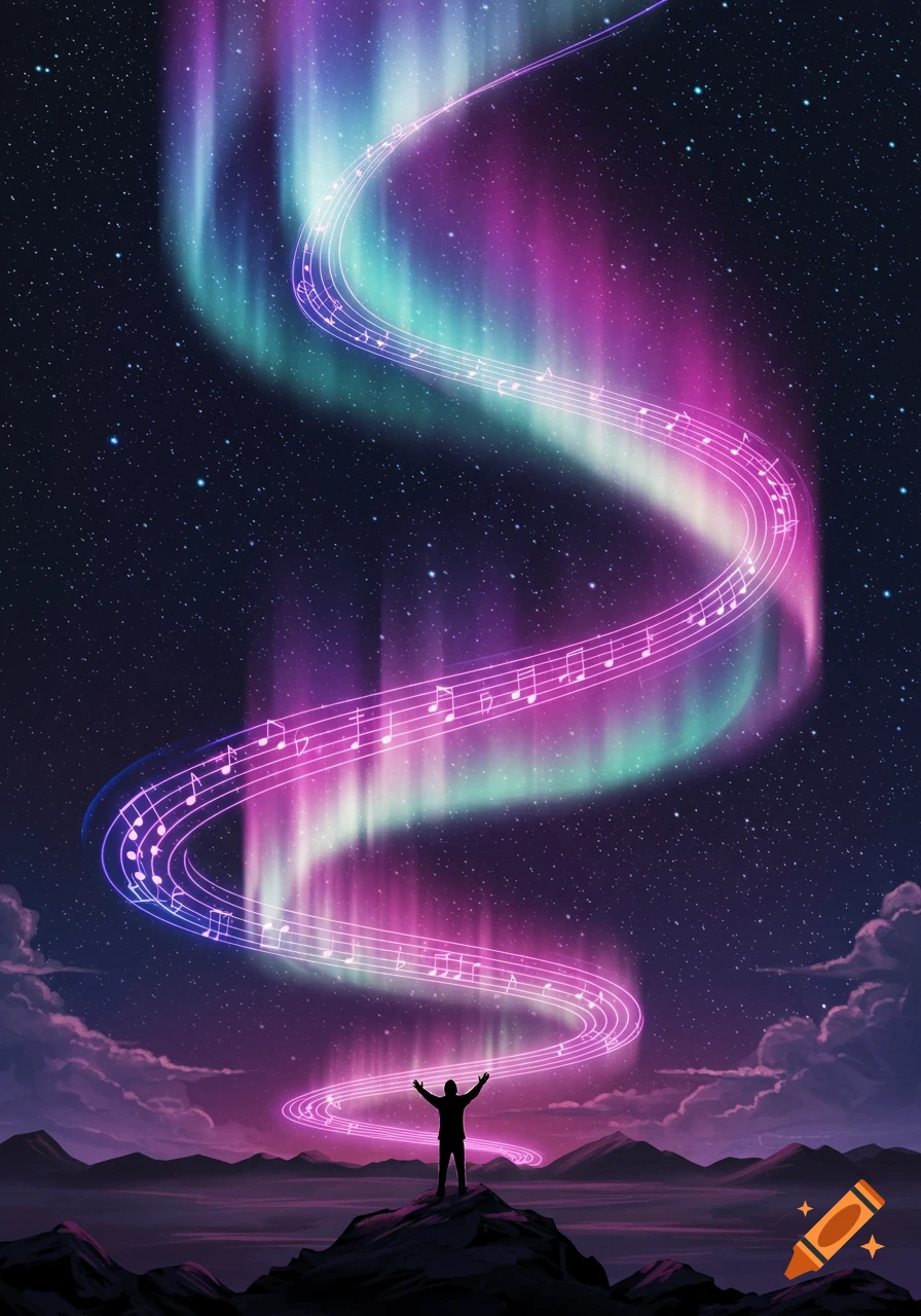 A silhouetted person with arms raised stands on a mountain peak, looking up at a starry night sky with a vibrant aurora borealis. Musical notes and staffs are integrated into the swirling purple and teal aurora.