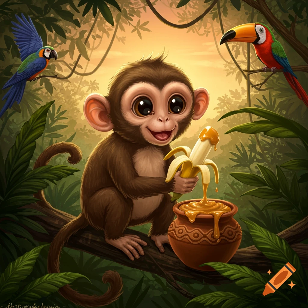 Cute cartoon monkey dipping a banana into a pot of golden honey, surrounded by jungle foliage and two tropical birds.