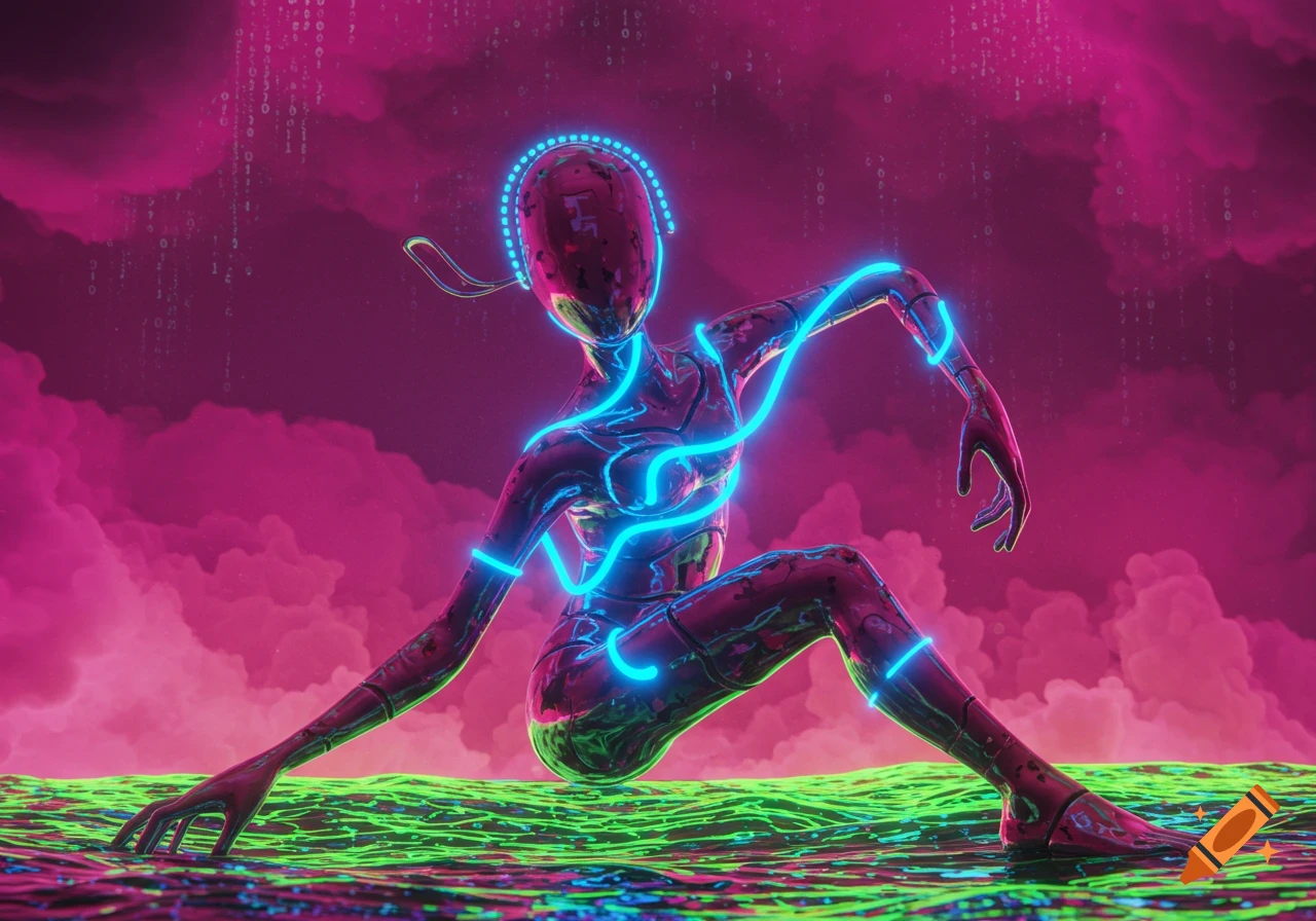 A metallic, faceless figure with glowing blue lines sits in vivid green water under a pink sky with digital rain.