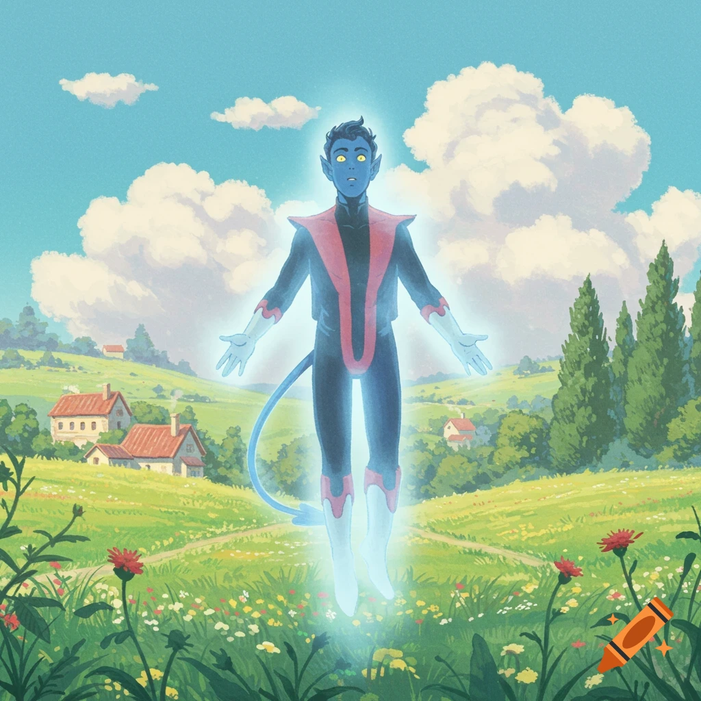 Nightcrawler from X-Men floats in a lush green field with houses and trees, in a Studio Ghibli style.