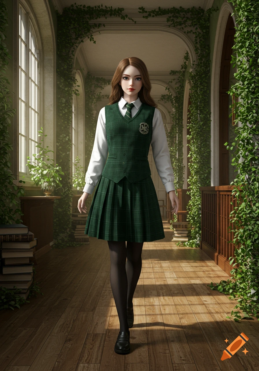 A young woman in a green plaid uniform, vest, and skirt walks down an arched hallway adorned with ivy and books.