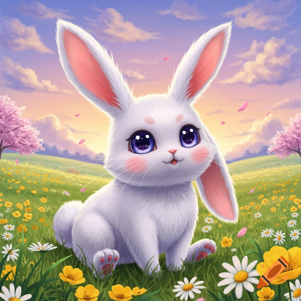 A cute anime bunny with large purple eyes sits in a vibrant field of yellow and white flowers under a pastel sky with cherry blossom trees.