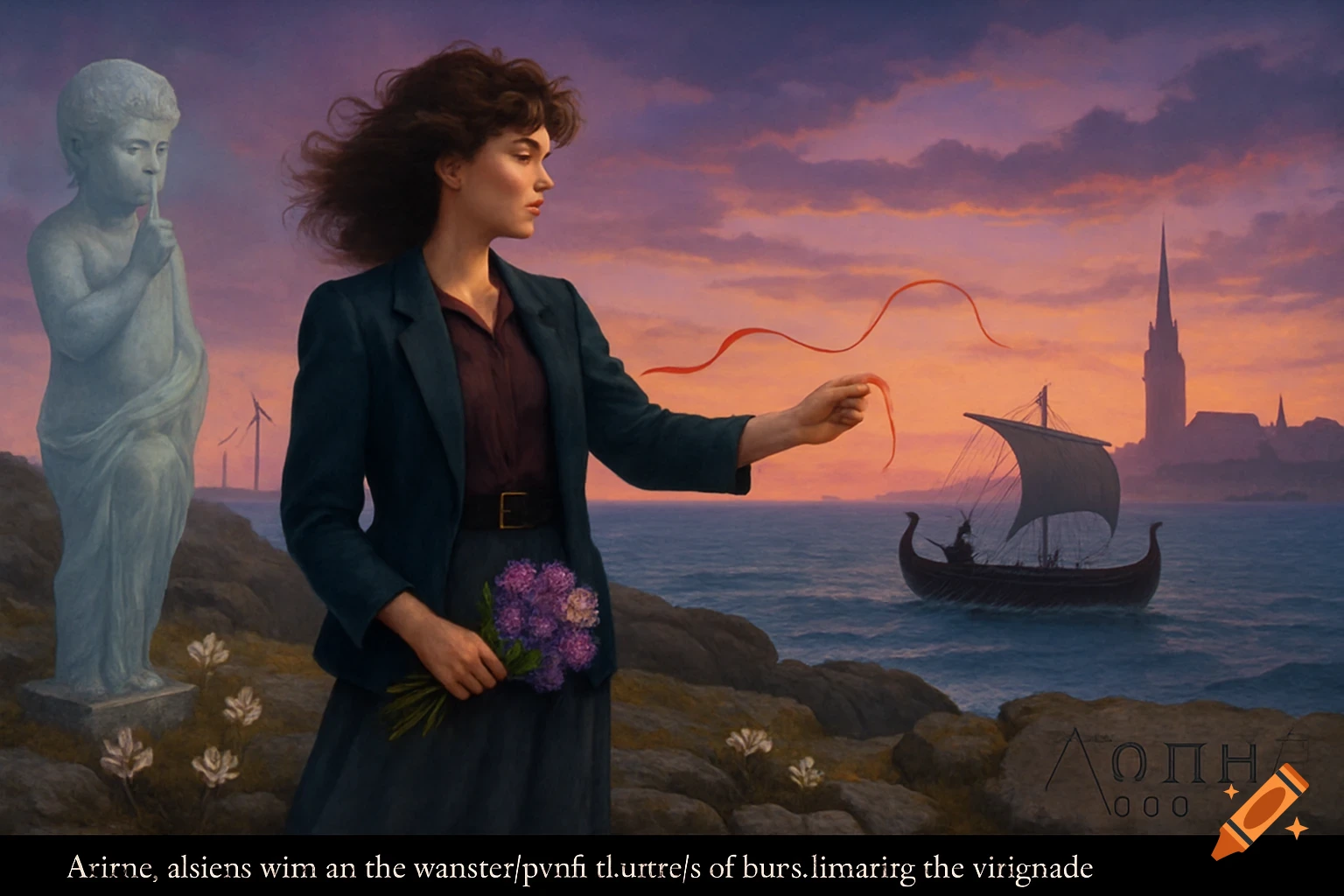 A woman in a dark jacket stands on a cliff at sunset, holding a red ribbon and flowers. A statue, a Viking ship, and a distant town are visible.