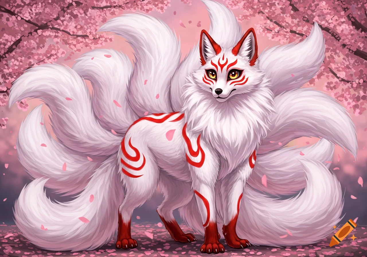 A majestic white Kitsune fox with red markings and many fluffy tails stands among falling pink cherry blossoms. Illustrative style.