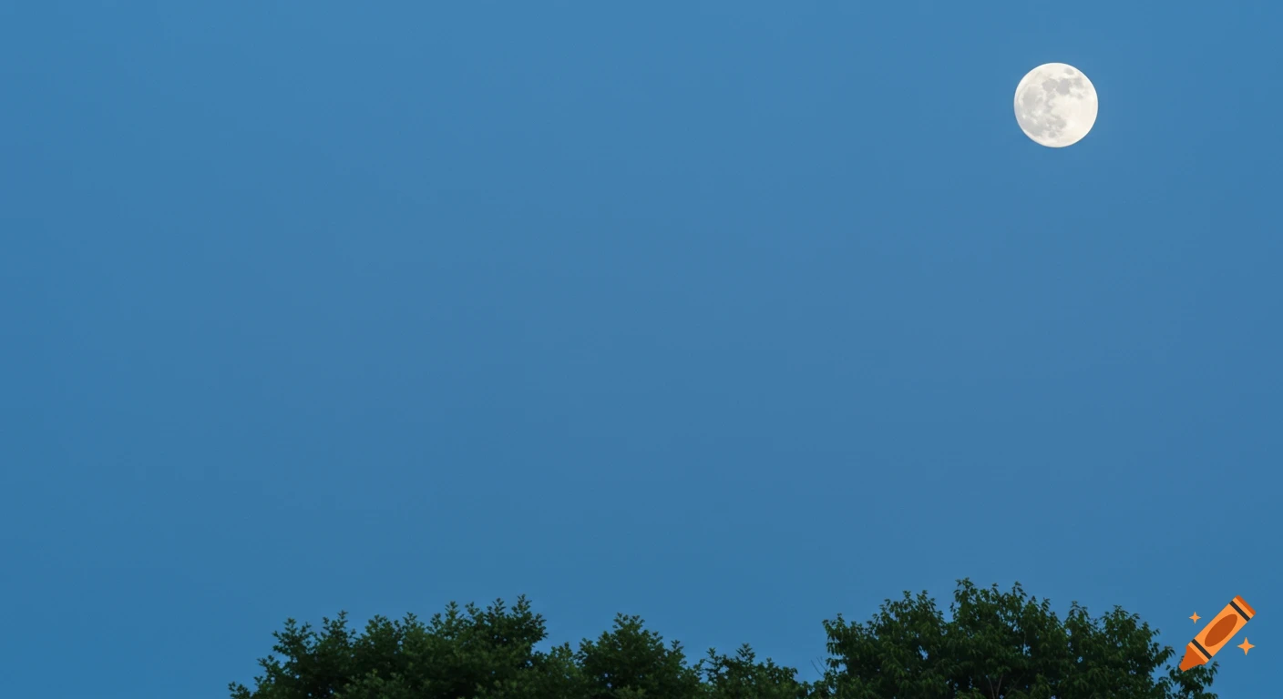 A bright full moon in the upper right corner of a blue sky, with dark green treetops at the bottom in a photorealistic style.