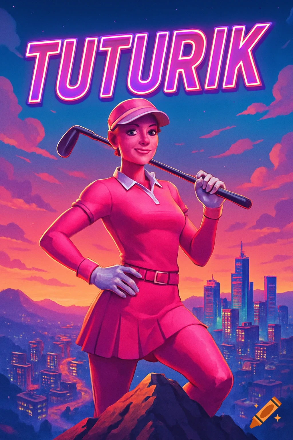 A stylized female golfer in pink holds a club over her shoulder, standing on a mountain above a vibrant city with a 'TUTURIK' neon sign.