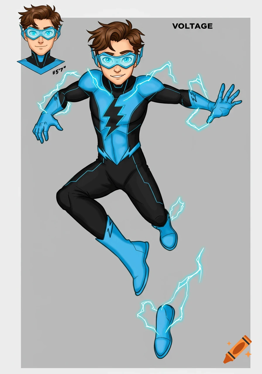 Pixar-style male superhero 'Voltage' in black and blue suit with lightning bolt emblem, goggles, and lightning effects, with a headshot and height '5'7".