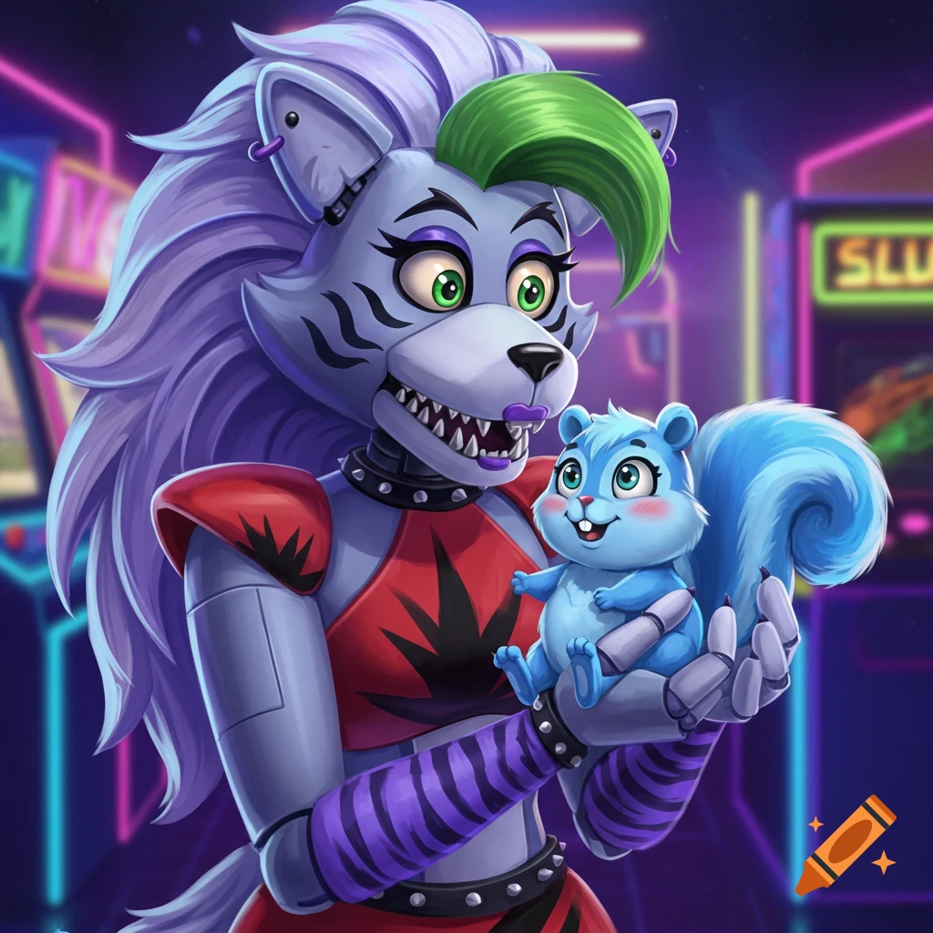 Roxanne Wolf, a cartoon wolf with purple hair and green mohawk, holds an adorable blue baby squirrel in a brightly lit arcade.