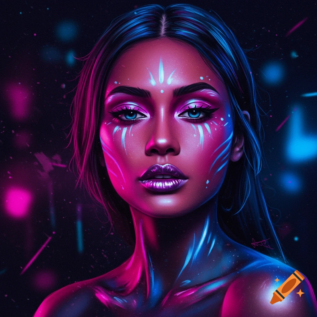 Close-up portrait of a woman with vibrant pink and blue neon makeup and body paint, glowing blue eyes, against a dark, cosmic background.