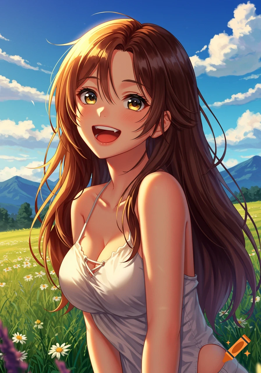 A smiling anime girl with long brown hair and yellow eyes stands in a sunny field of flowers under a blue sky.