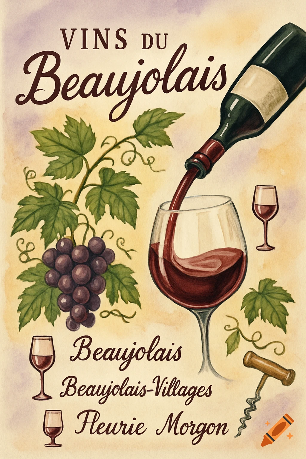Watercolor poster for Beaujolais wine, with a bottle pouring into a glass, grapes, and text describing wine types.