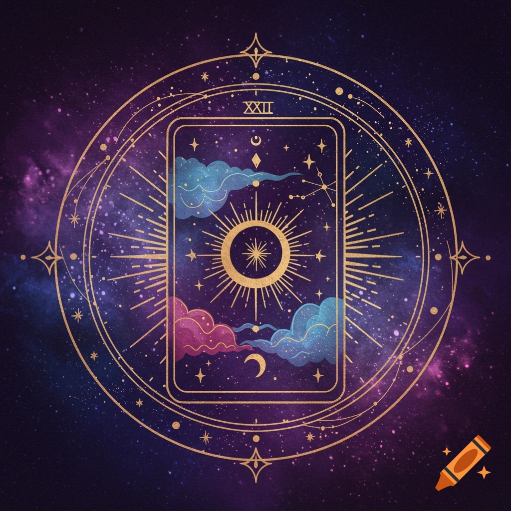 Stylized tarot card with sun, moon, stars, and clouds on a galaxy background in purple, blue, and gold.