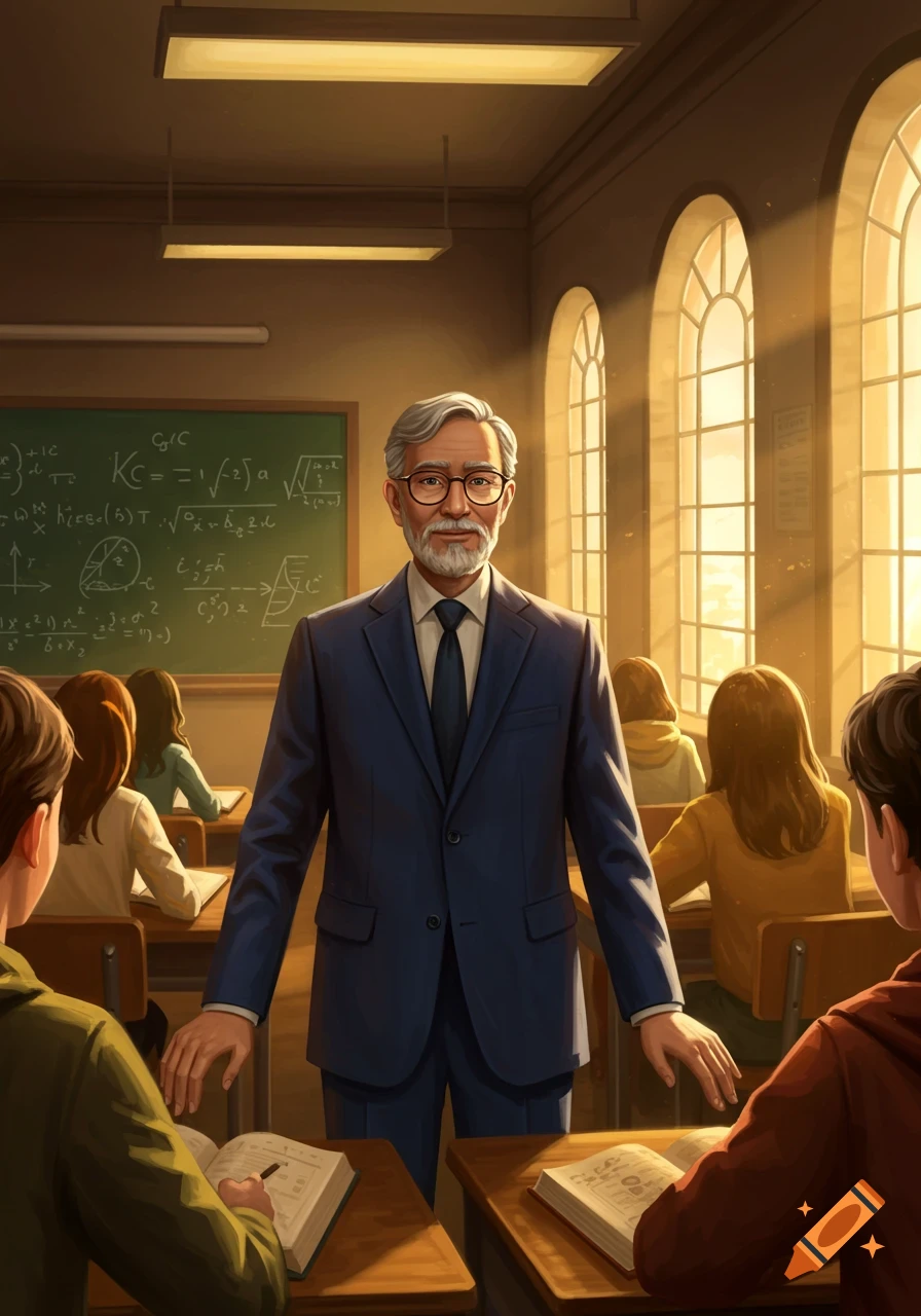 An illustrated male teacher with glasses and a beard stands in a classroom of students, bathed in golden sunlight from large windows.