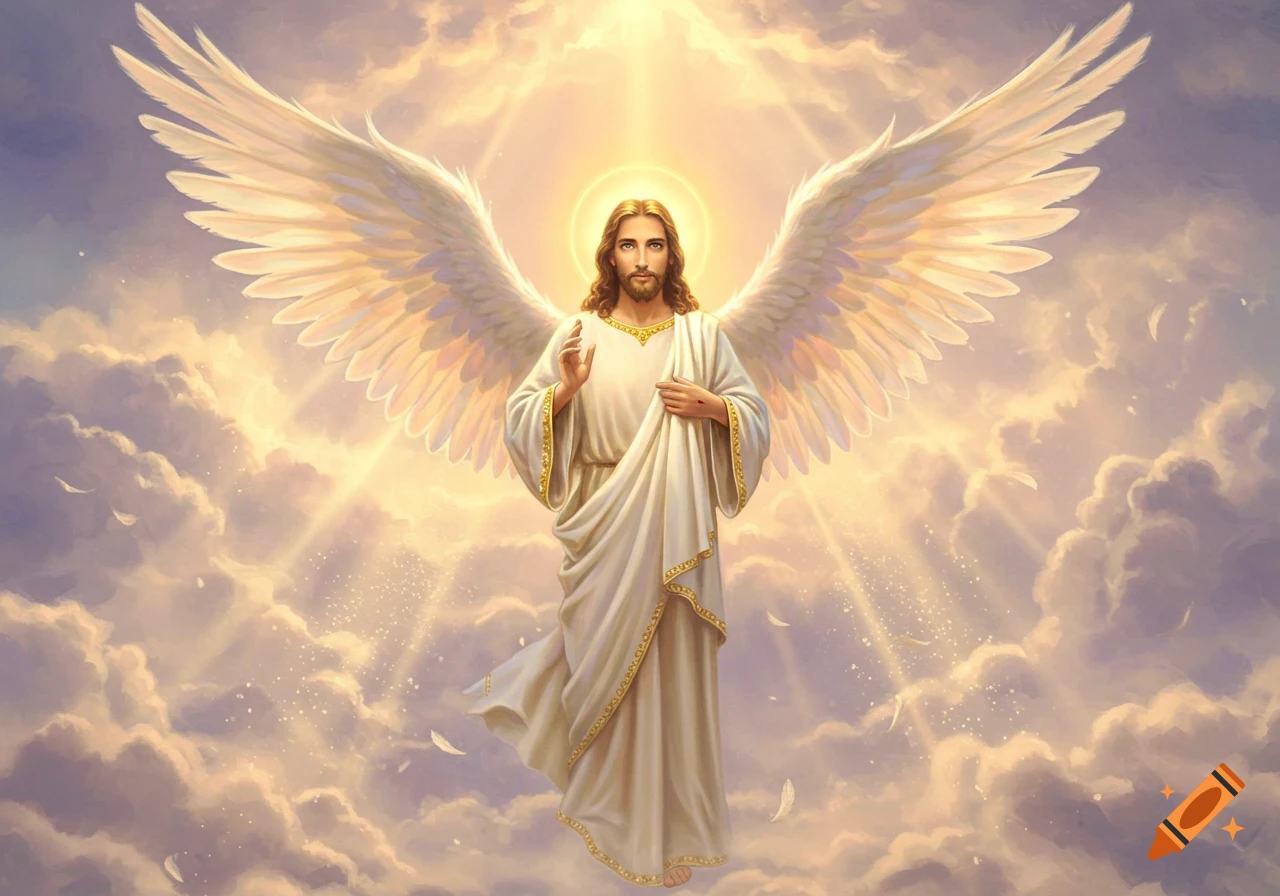 Jesus Christ depicted as an angel with large white wings, a halo, and golden light, standing in the clouds.