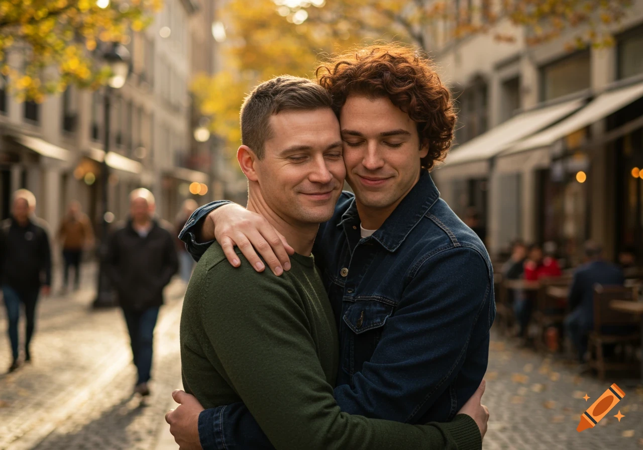 Two smiling men embrace on an autumn street with blurred buildings and people in the background.