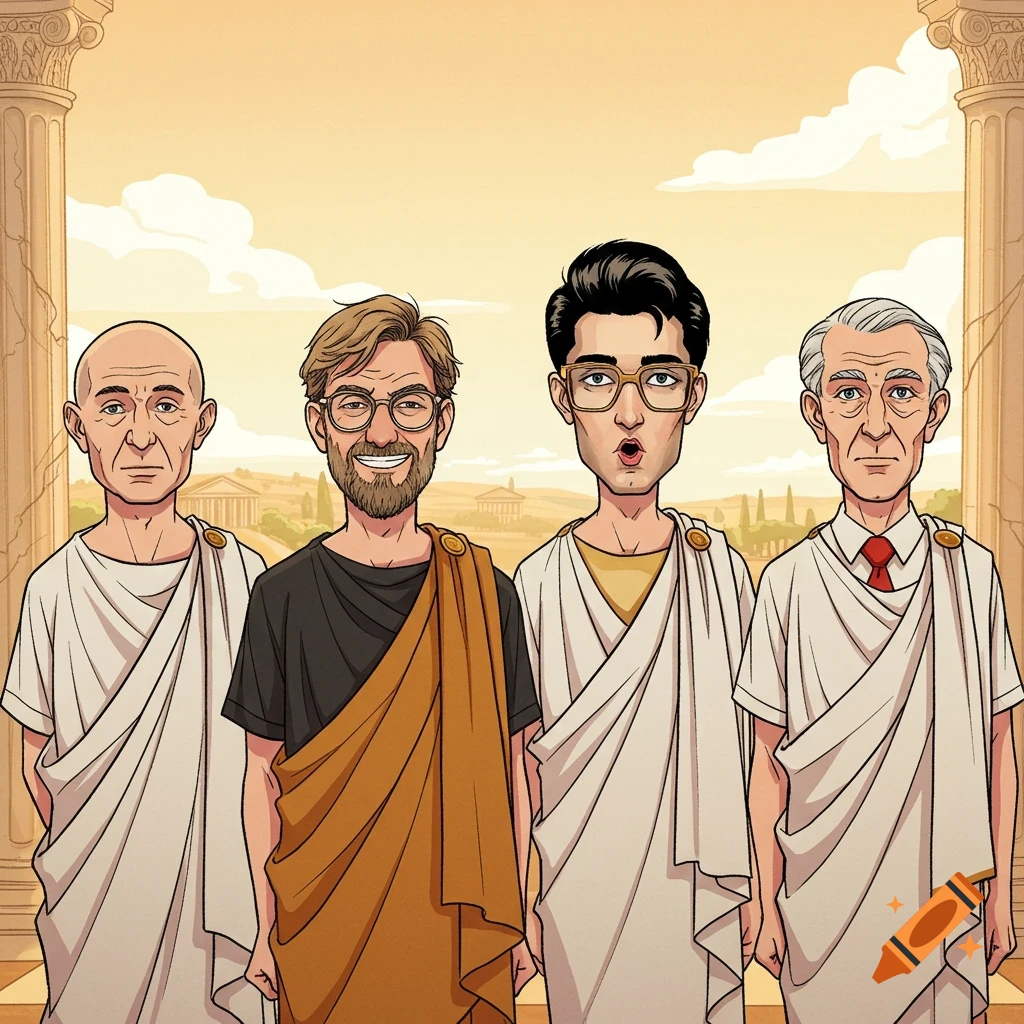Four cartoon men in Roman togas, including one resembling Jürgen Klopp, stand before classical columns.
