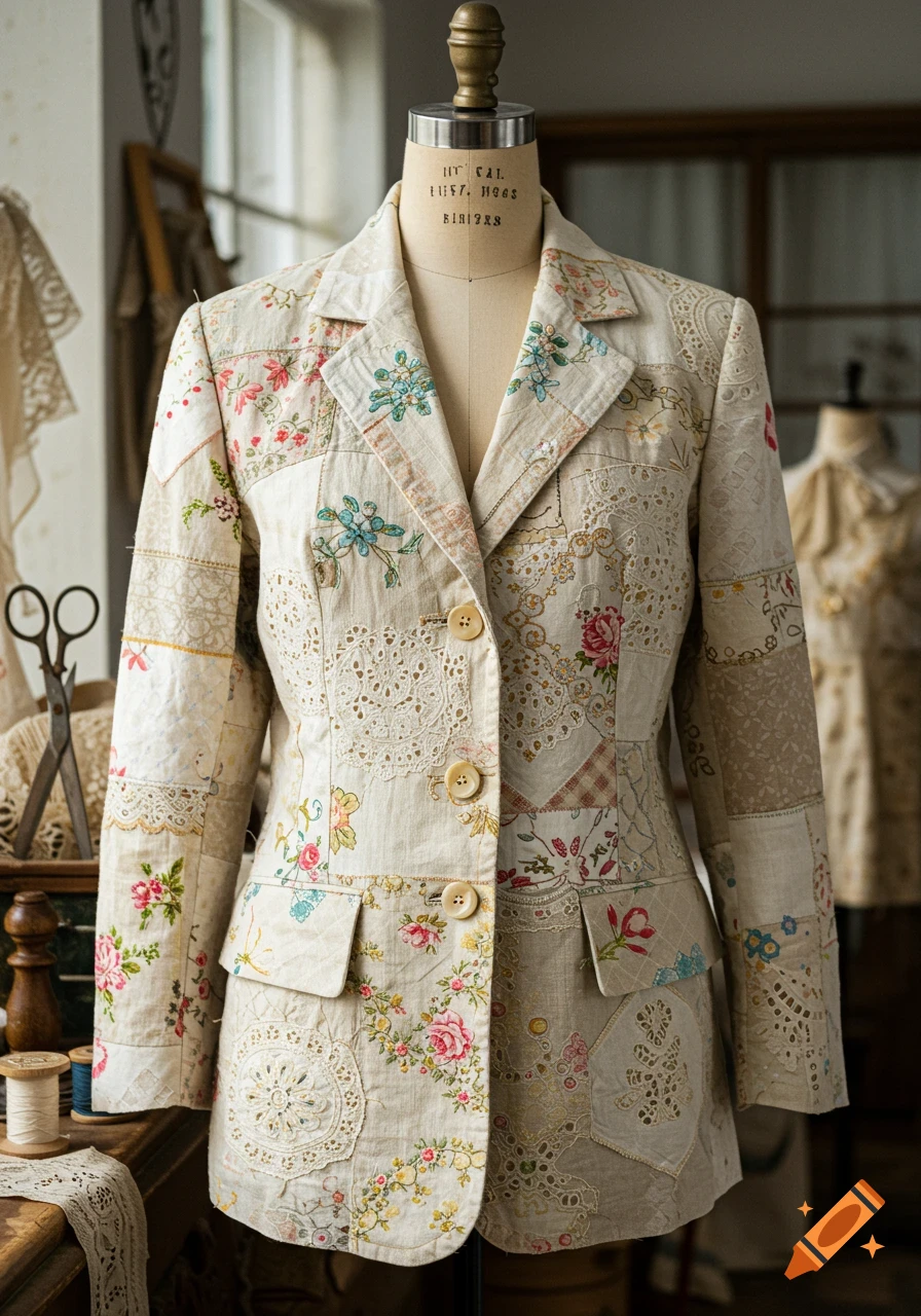 Patchwork women's blazer with floral embroidery and lace on a mannequin.
