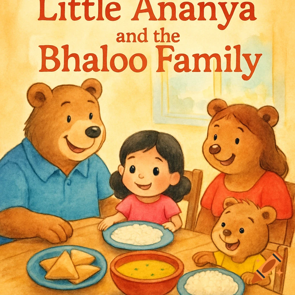 A watercolor-cartoon book cover shows a girl and three bears eating Indian food at a table.