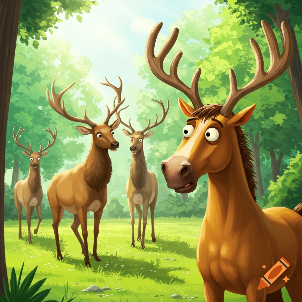 A surprised cartoon horse with antlers stands amongst a herd of surprised elk in a bright green forest.
