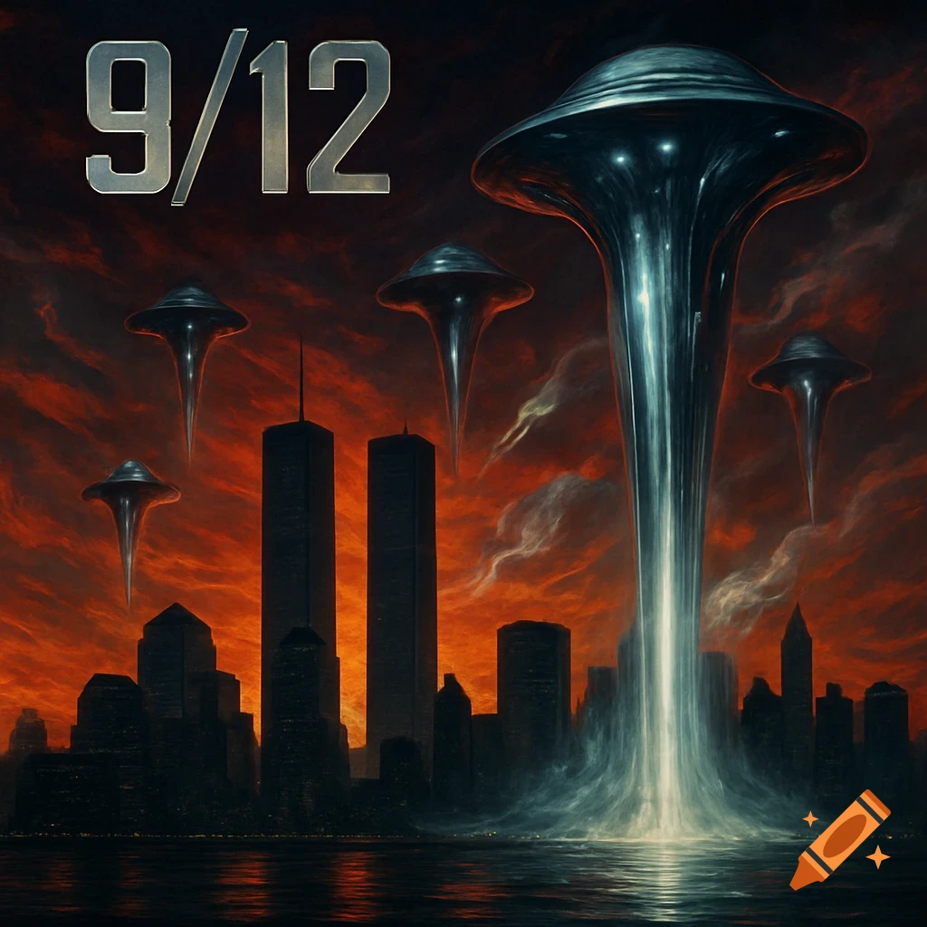 A movie poster showing alien spaceships descending upon the Twin Towers and a city skyline under a fiery red sky, with text "9/12".