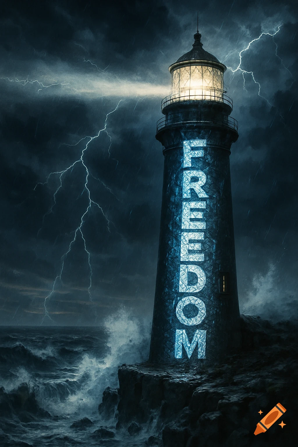Lighthouse with 'FREEDOM' illuminated on its side, enduring a stormy sea with lightning and crashing waves.