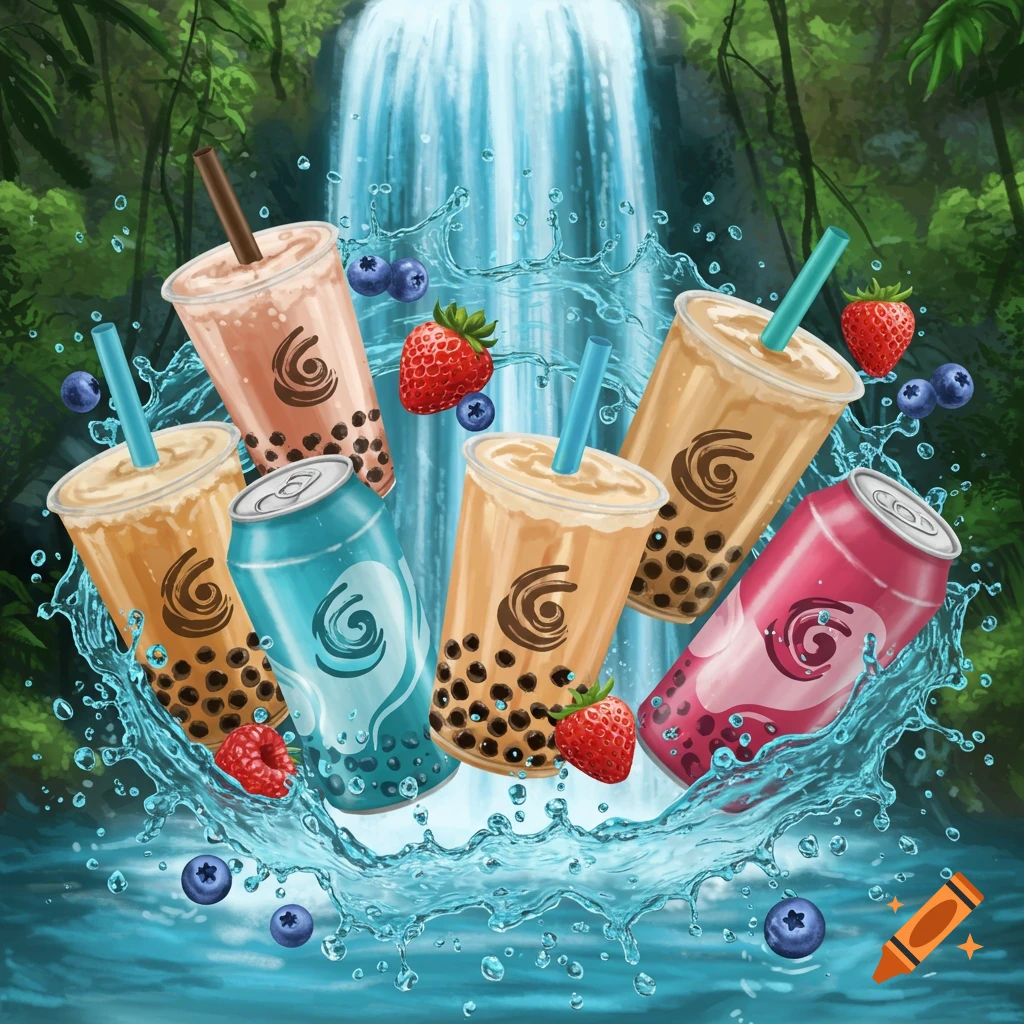 Boba tea cups and cans with blueberries, strawberries, and raspberries splashing in a vibrant jungle waterfall.