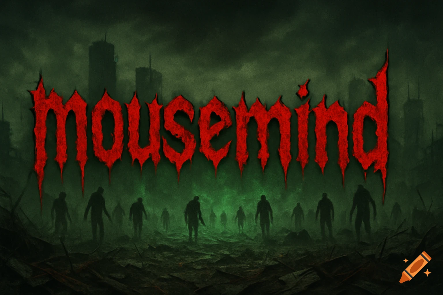 Red jagged text "mousemind" over silhouetted zombies in a dark, post-apocalyptic cityscape.