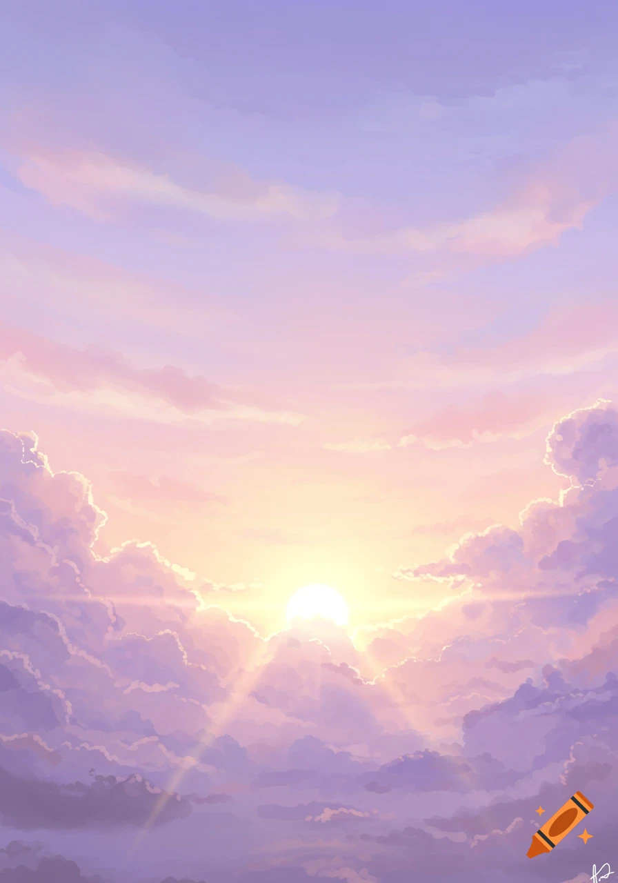 Serene sky with soft purple and pink clouds surrounding a glowing sun, with rays of light in a digital art style.