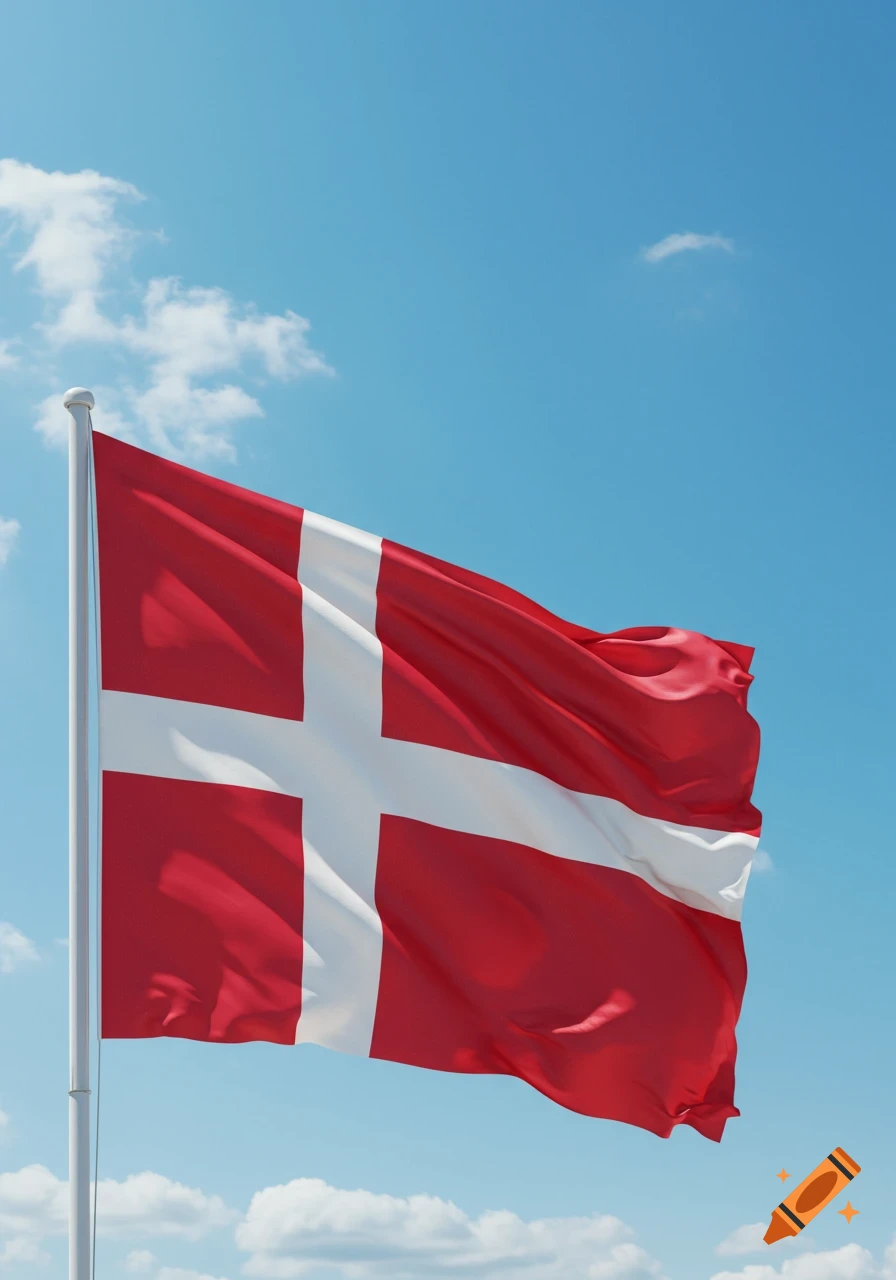 A Danish flag, red with a white Nordic cross, waves against a clear blue sky with sparse clouds.