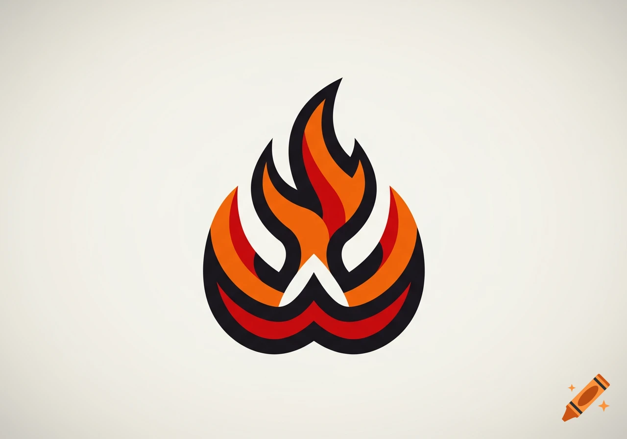 An abstract logo of a fire emblem in red, orange, and black on a light background.