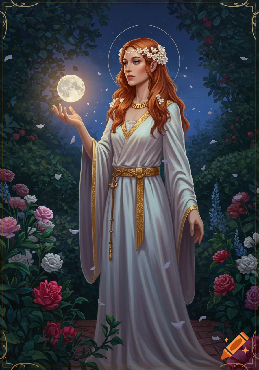 A red-haired woman with a halo in a white dress holds a glowing moon in a dark, rose-filled garden. Digital painting.
