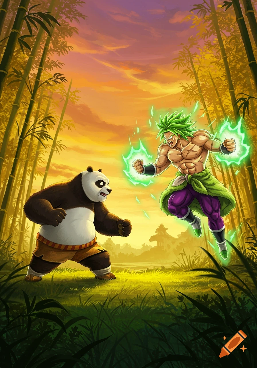 Kung Fu Panda fights Broly from Dragon Ball Z, who floats with green energy, in a vibrant bamboo forest at sunset, anime style.