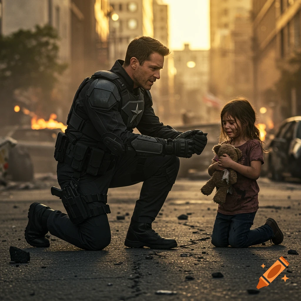 A man in a dark tactical suit kneels on a war-torn street, comforting a crying girl holding a teddy bear. Photorealistic.