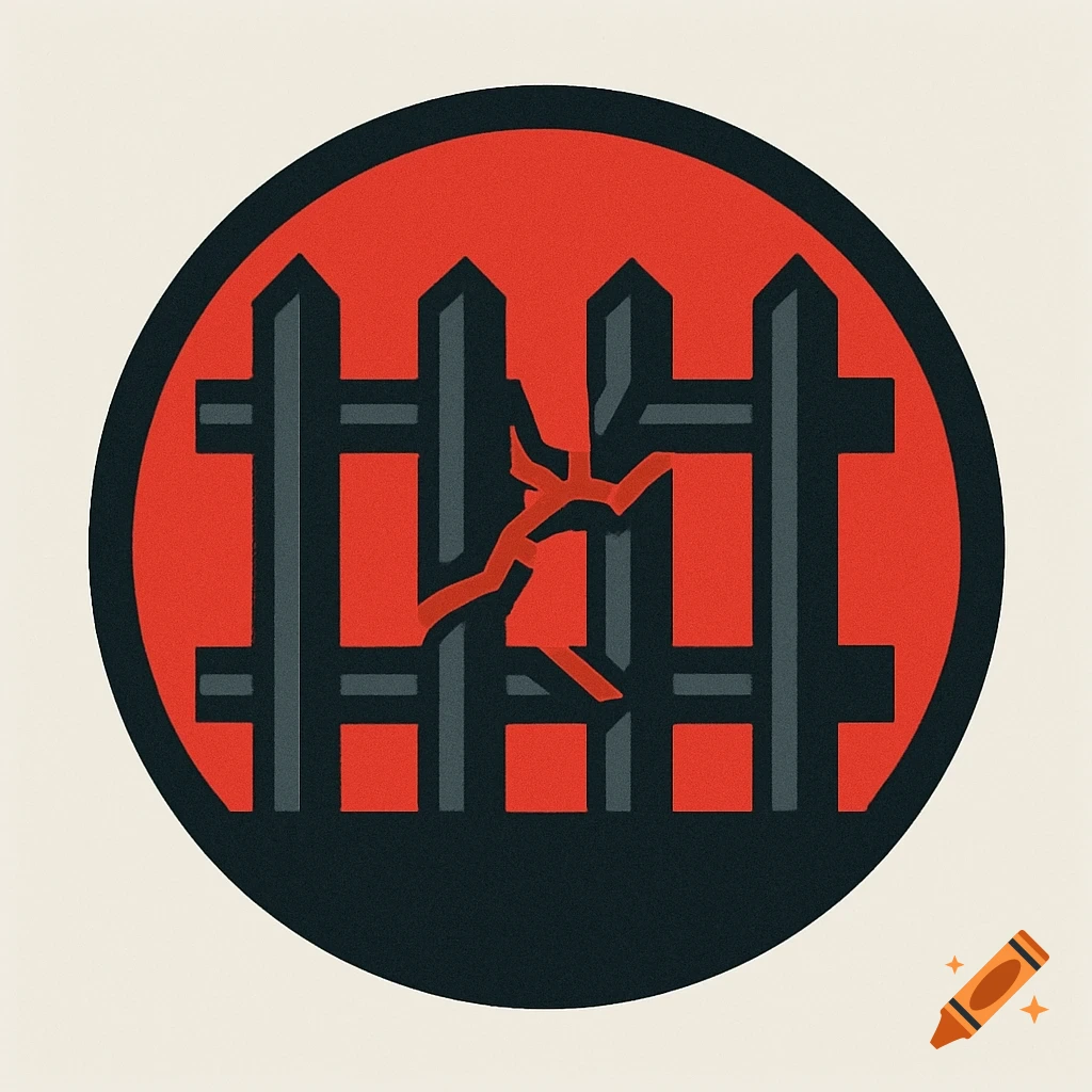 A bold, minimalistic circular logo featuring a broken dark gray fence on a red background.
