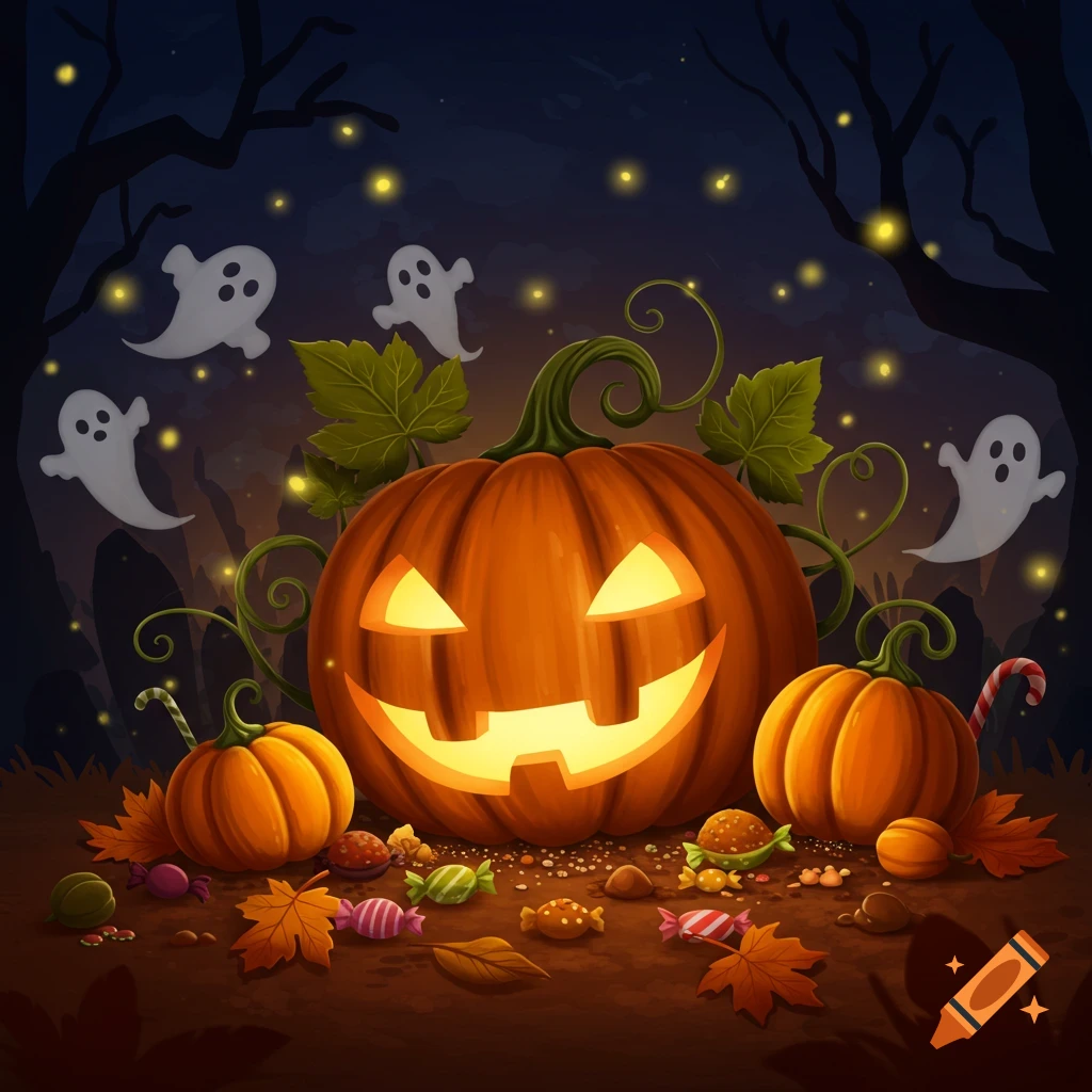 Whimsical Halloween illustration of a glowing jack-o'-lantern, small pumpkins, candy, leaves, and flying ghosts at night.